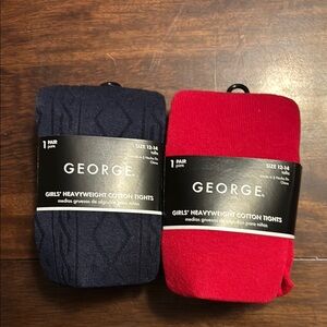 Goerge girls heavy tights 2 pair, size 12/14, navy and red